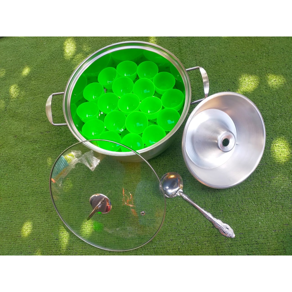 Steam pot stainless steel tutup kaca happy bird gratis cetakan kue talam 12 pcs, irus stainless &amp; loyang tulban