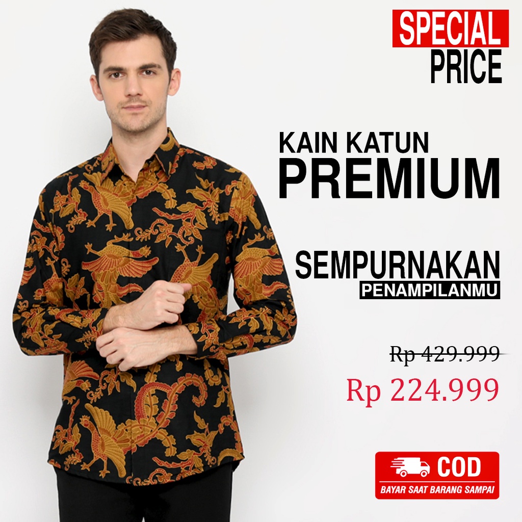 BATIK PRIA LENGAN PANJANG Kemeja Hem Slimfit Premium Motif Burung Warna Hitam Kuning 721089 CAP 72 - Baju Kemeja Atasan Pakaian Setelan Batik Pria Cowok Laki Laki Remaja Keluarga Kantor Lengan Panjang Modern Slimfit Slim Fit Premium Kekinian