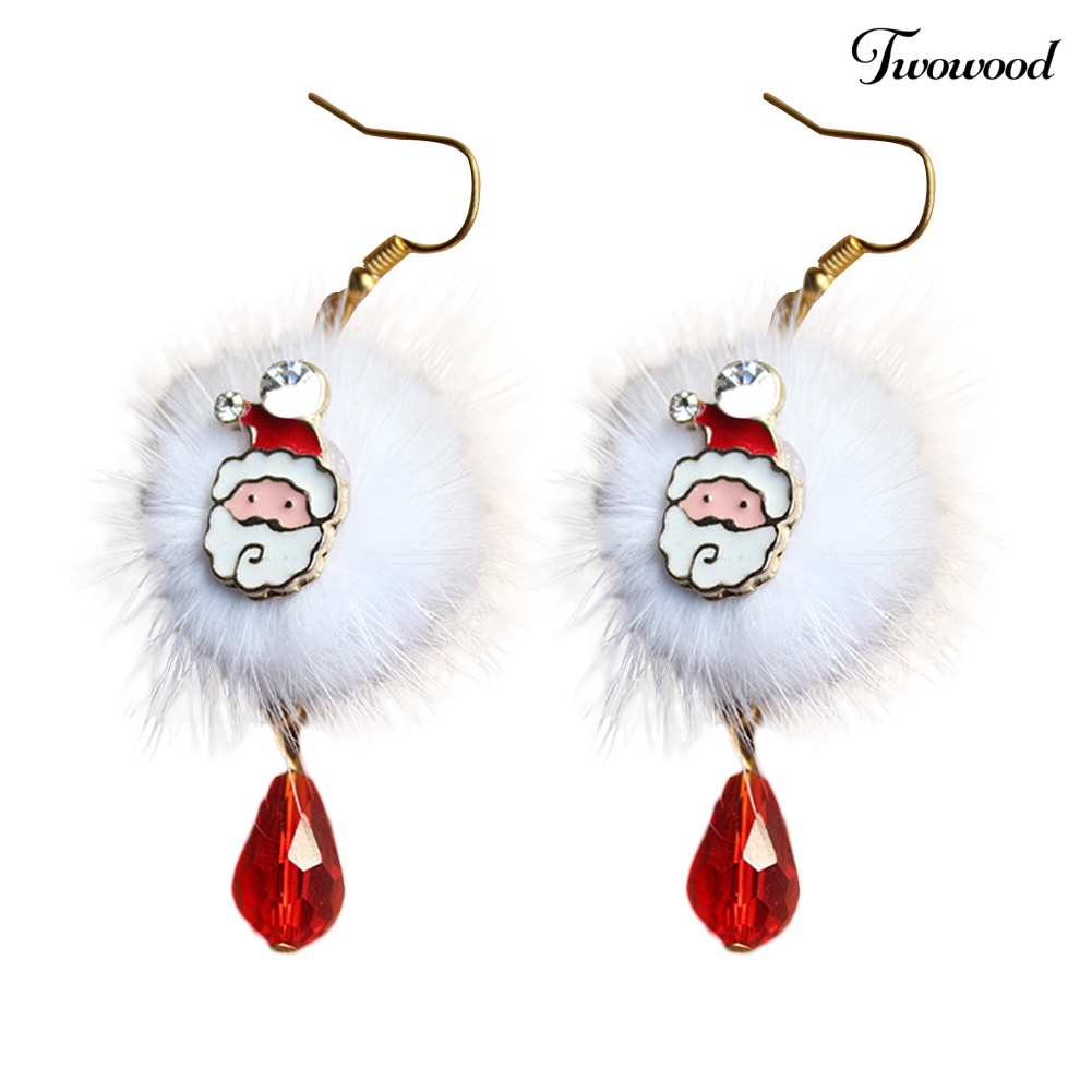 Anting Hook Desain Santa Claus Elk Pompom Aksen Berlian Imitasi Untuk Wanita