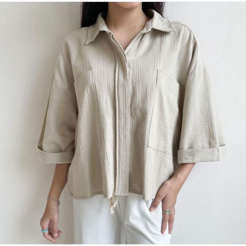 Zavila Shirt Rayon Crinkle - Cozie Top Kemeja Linen - Blouse Wanita Korean Style Bahan Linen Crinkle