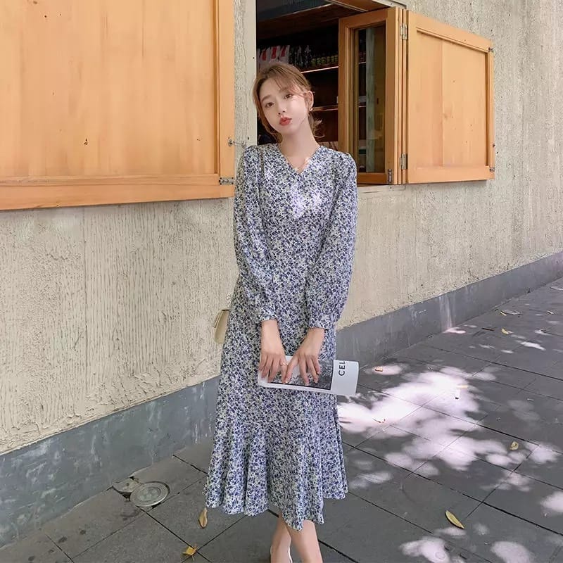 BEFAST - ZEC OOTD Dress XILA / Aimel Fishtail Maxi Dress / LongDress Wanita Keluaran Terbaru / Pakaian Wanita Kondangan/Pesta / Dress Maxy Lengan Panjang / Fashion Kekinian Remaja ABG Trendy / Dress Motif Bunga-Bunga Terlaris / Outfit Wanita