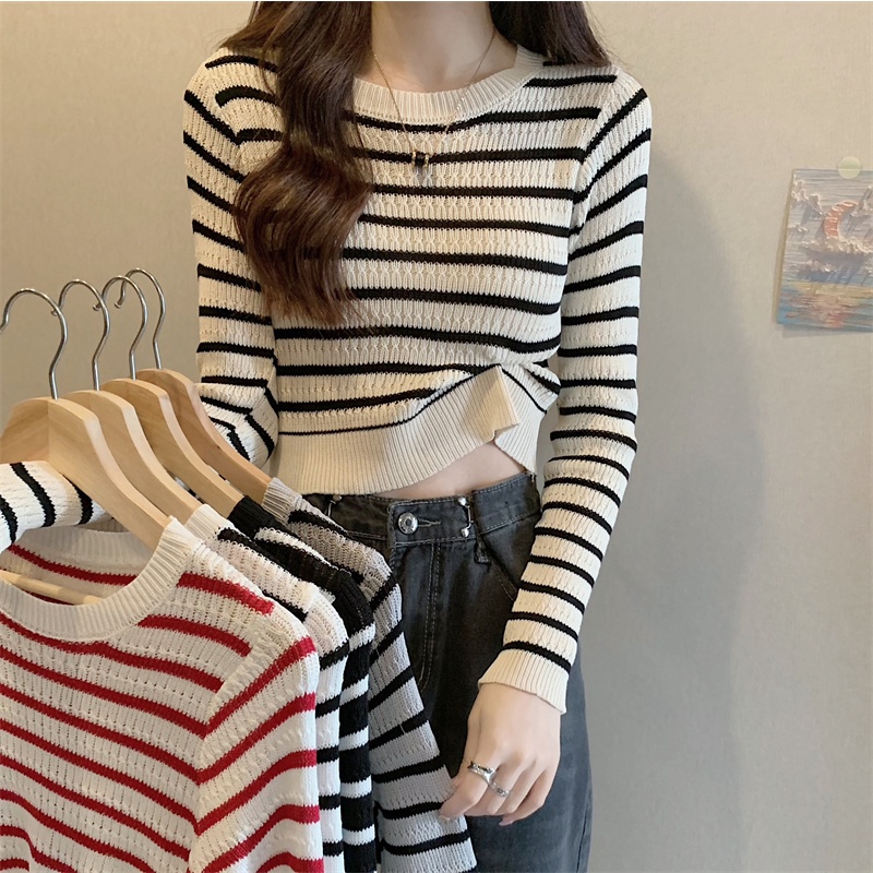 Kaos Rajut Salur Wanita Lengan Panjang Stripe Sweater Crewneck