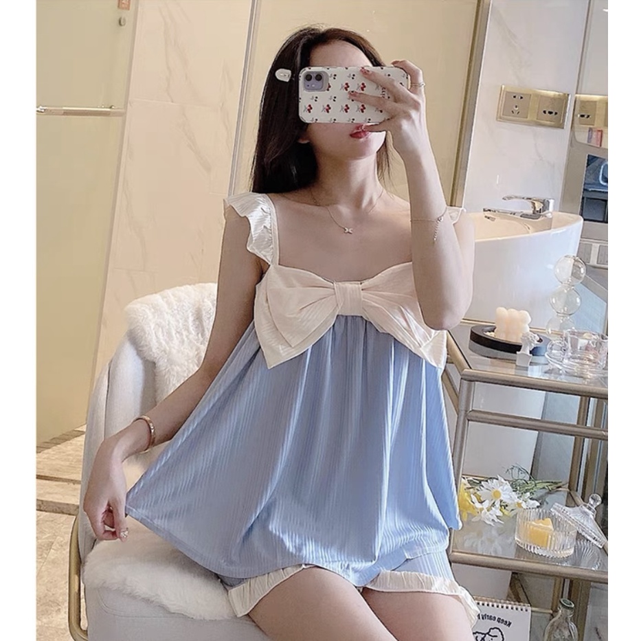 Baju Tidur Piyama set Bow Camisole Cute Putri Manis Baju Pendek Celana Pendek Sweet Import