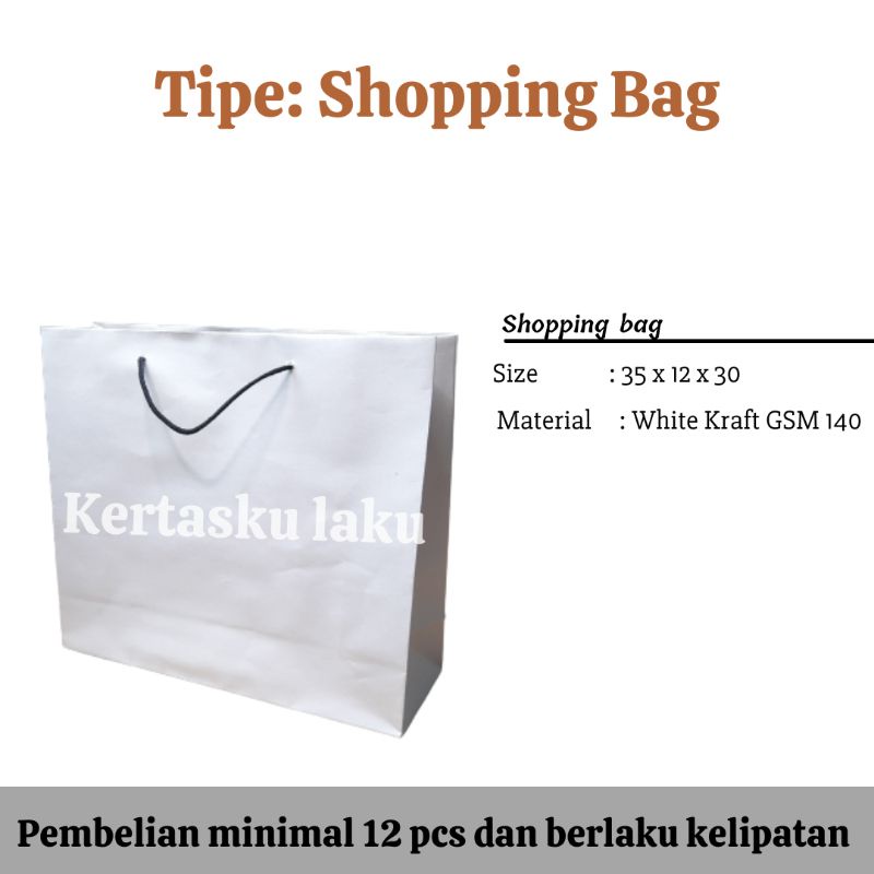 

Shopping bag white kraft, tas kertas belanja, P35 L12 T30