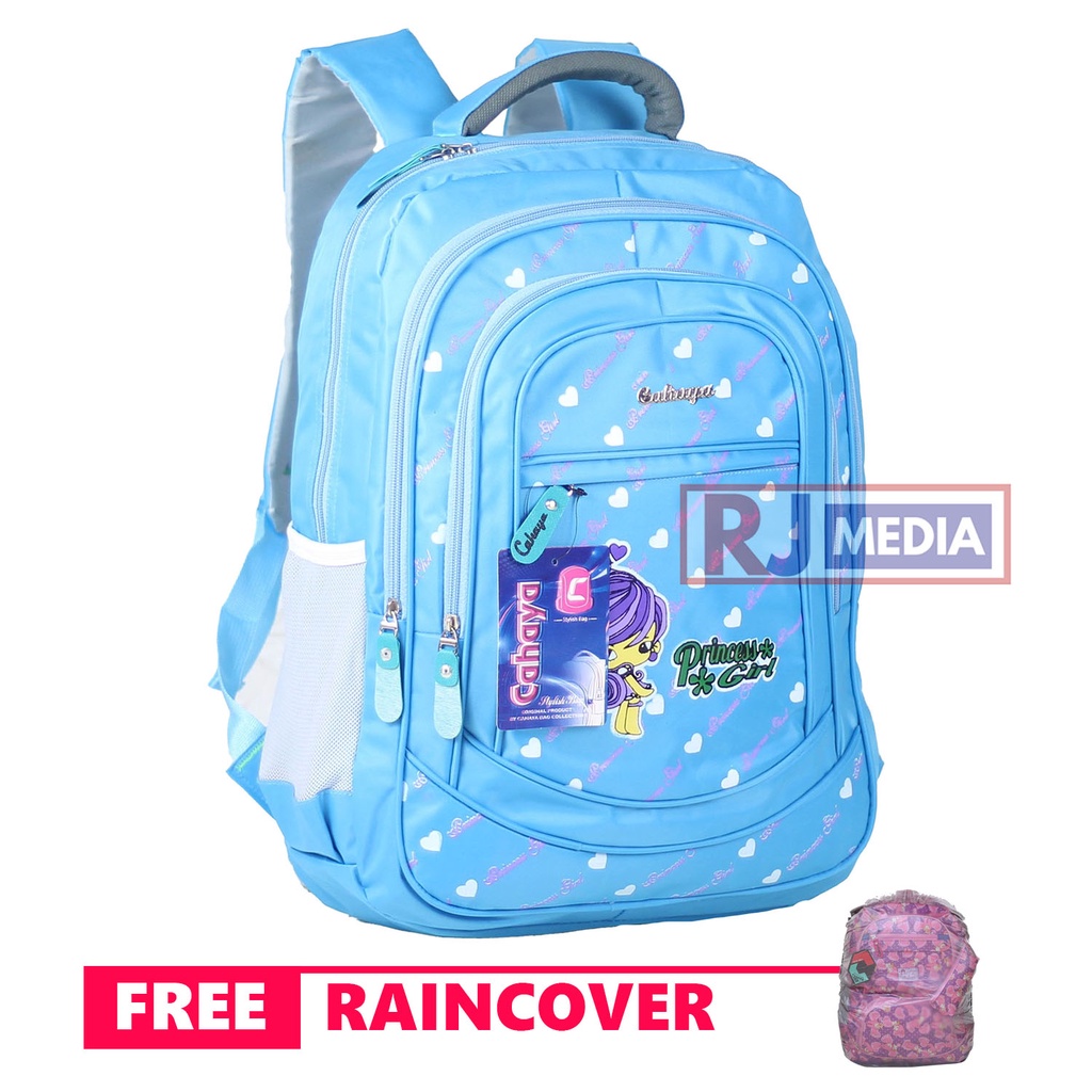 Tas Ransel Anak Cewek Cahaya Princess Bonus Raincover Warna Biru Backpack Premium Bahan Tebal Jahitan Kuat Awet Tas Sekolah SD SMP Ngaji Les TPA TPQ Piknik Muat Laptiop 16 inch Puring Tebal