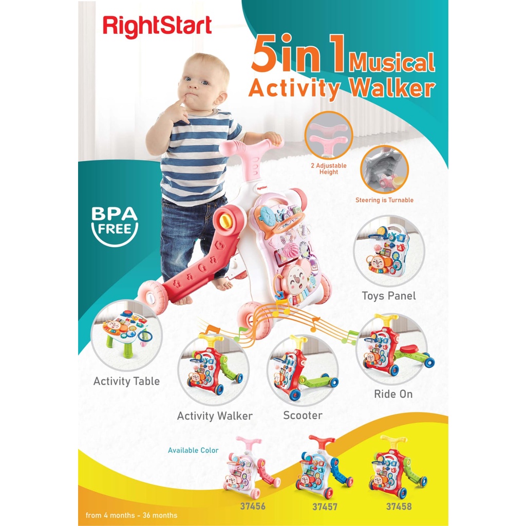 Right Start 5 in 1 and 2 in 1 Musical Activity Baby Push Walker - Mainan Dorong Table Mini Car Musik Jalan