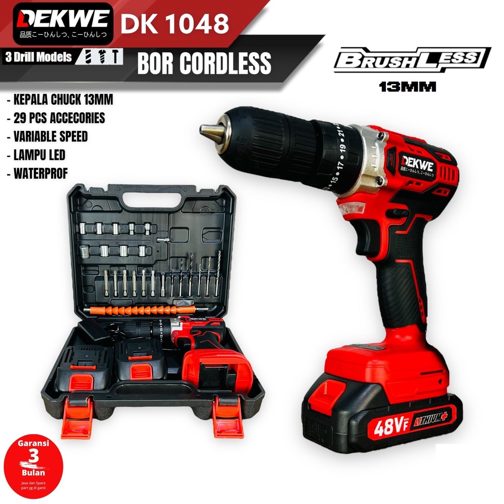 Dekwe DK1048 Bor Cordless Brushless Hammer Drill 13mm Baterai 48v / Bor Hujia