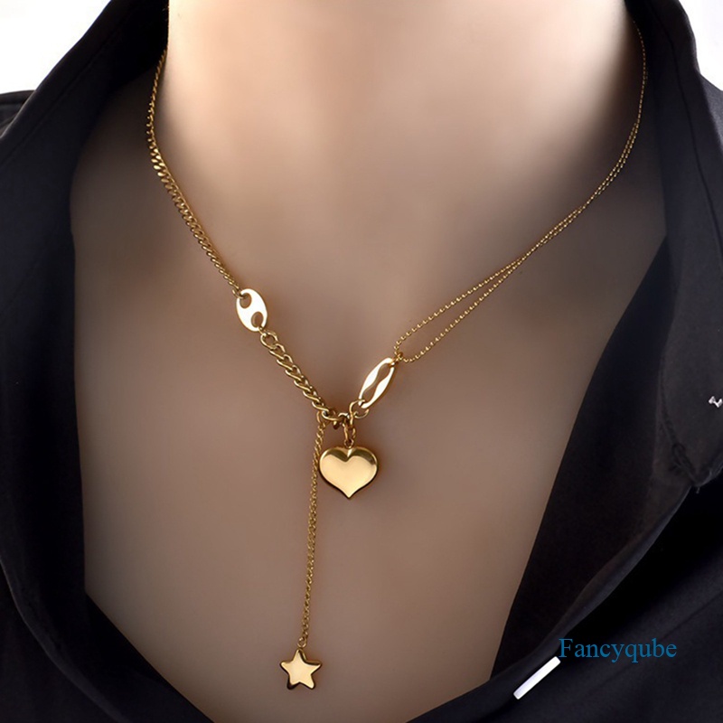 Fancyqube Kalung Rantai Panjang Liontin Hati Dan Bintang Untuk Wanita