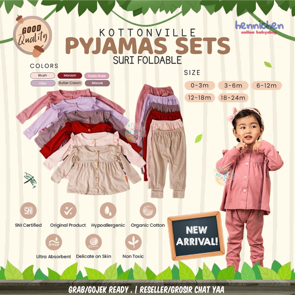 KOTTONVILLE SETELAN BAJU TIDUR PIYAMA ANAK BAYI ESSENTIALS SURI FOLDABLE PAJAMAS SET 0-2 TAHUN