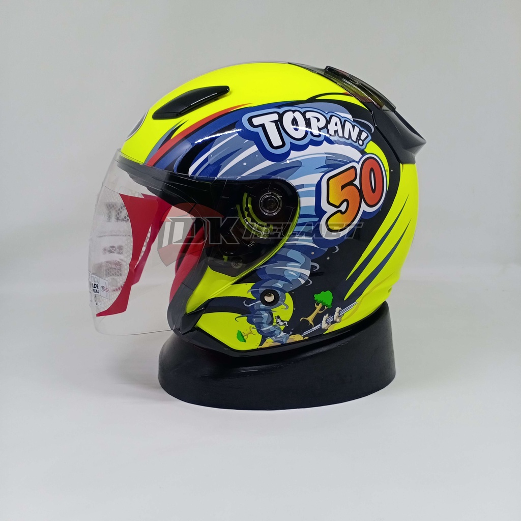 Helm KYT DJ Maru Half Face Motif Topan Replica Yellow Fluo Original Warna Kuning Tornado Murah