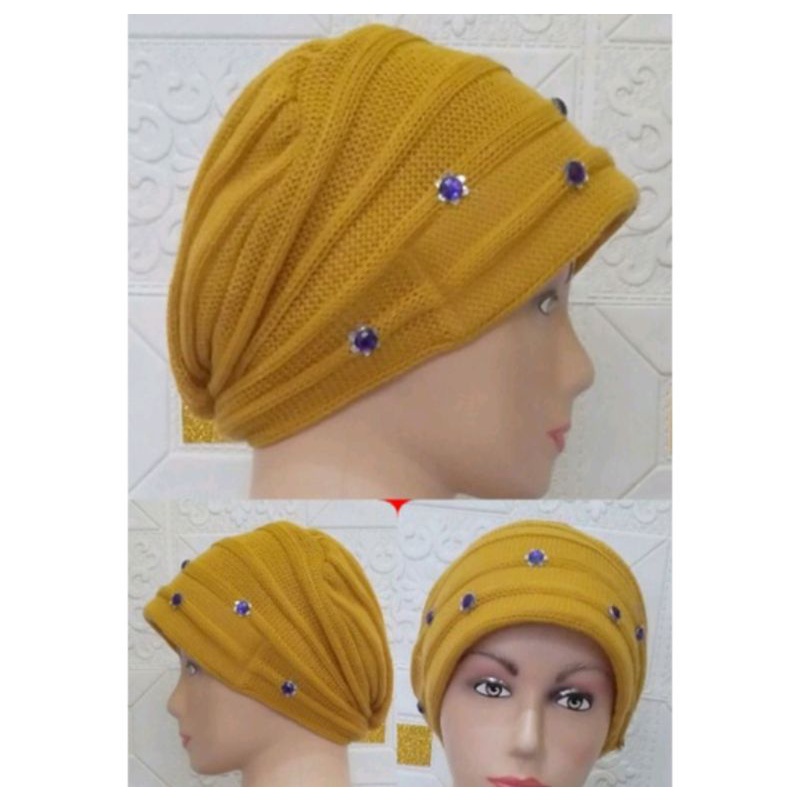 set turban ibu dan syal hangat polos / payet