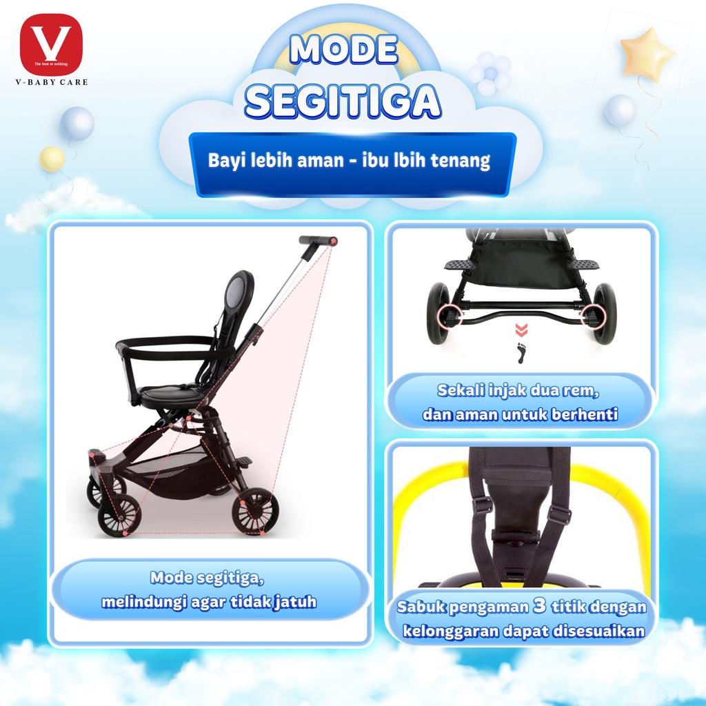 V-Babycare Stroller Baby Lipat / Stroller Bayi Dua Arah/ Kereta Dorong Lipat Stroller/ Vbaby-Q2