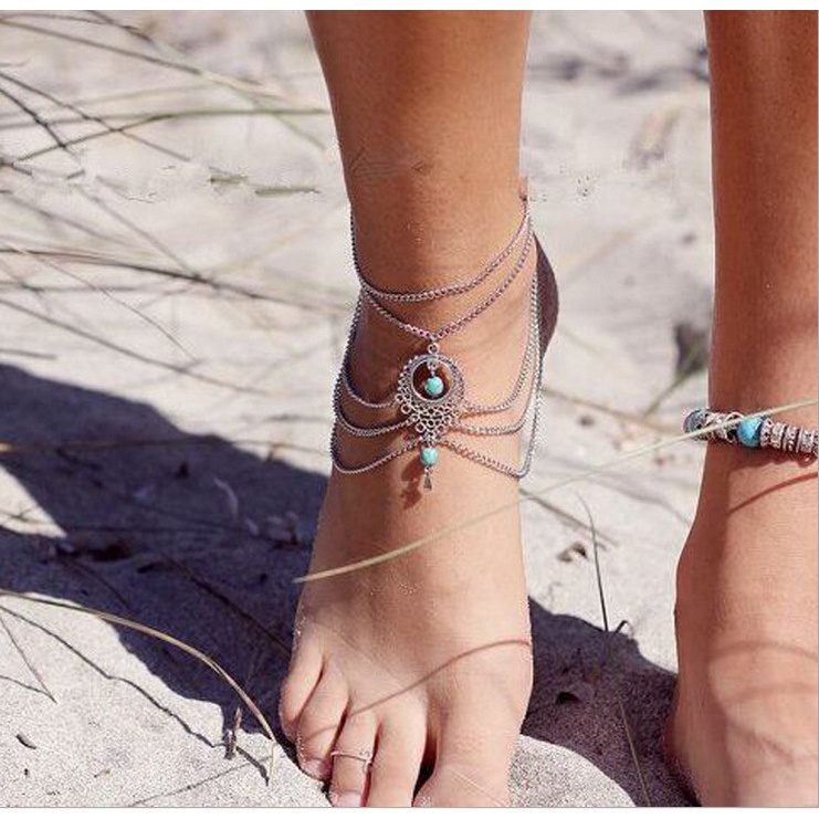 Gelang Kaki Wanita Model Hollow Hias turquoise Gaya retro Eropa Amerika Untuk Pantai