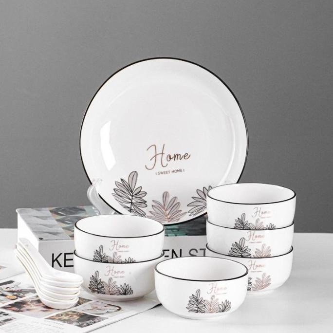 Piring Mangkok Set Keramik Marble 14Set Fellixaa