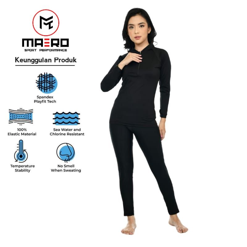 MAERO-BAJU RENANG SETELAN PANJANG UNISEX BLACK PRO PLAIN CODE SETZIP02