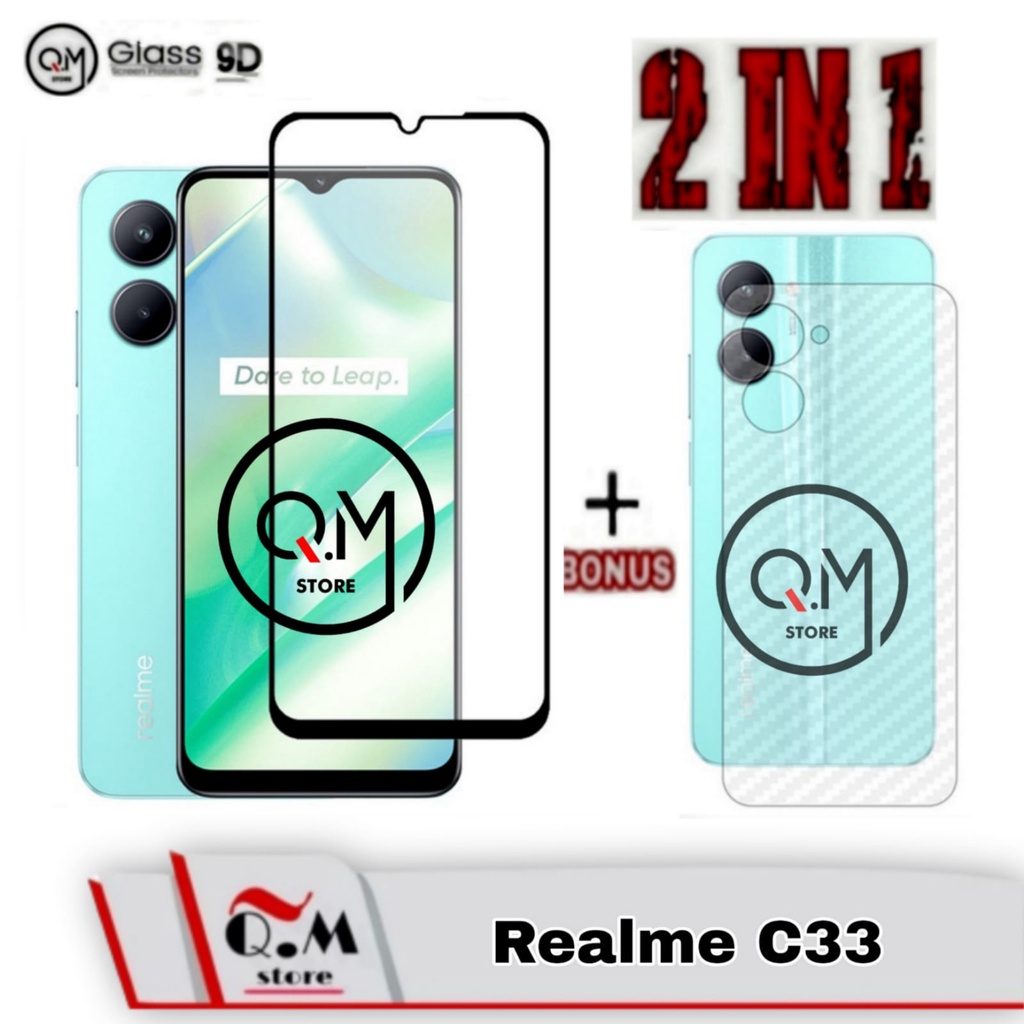 Paket 2 in1 Tempered Glass Layar  Realme C33 New 2022 Anti Gores  Screen Guard Free Skin Carbon Garskin