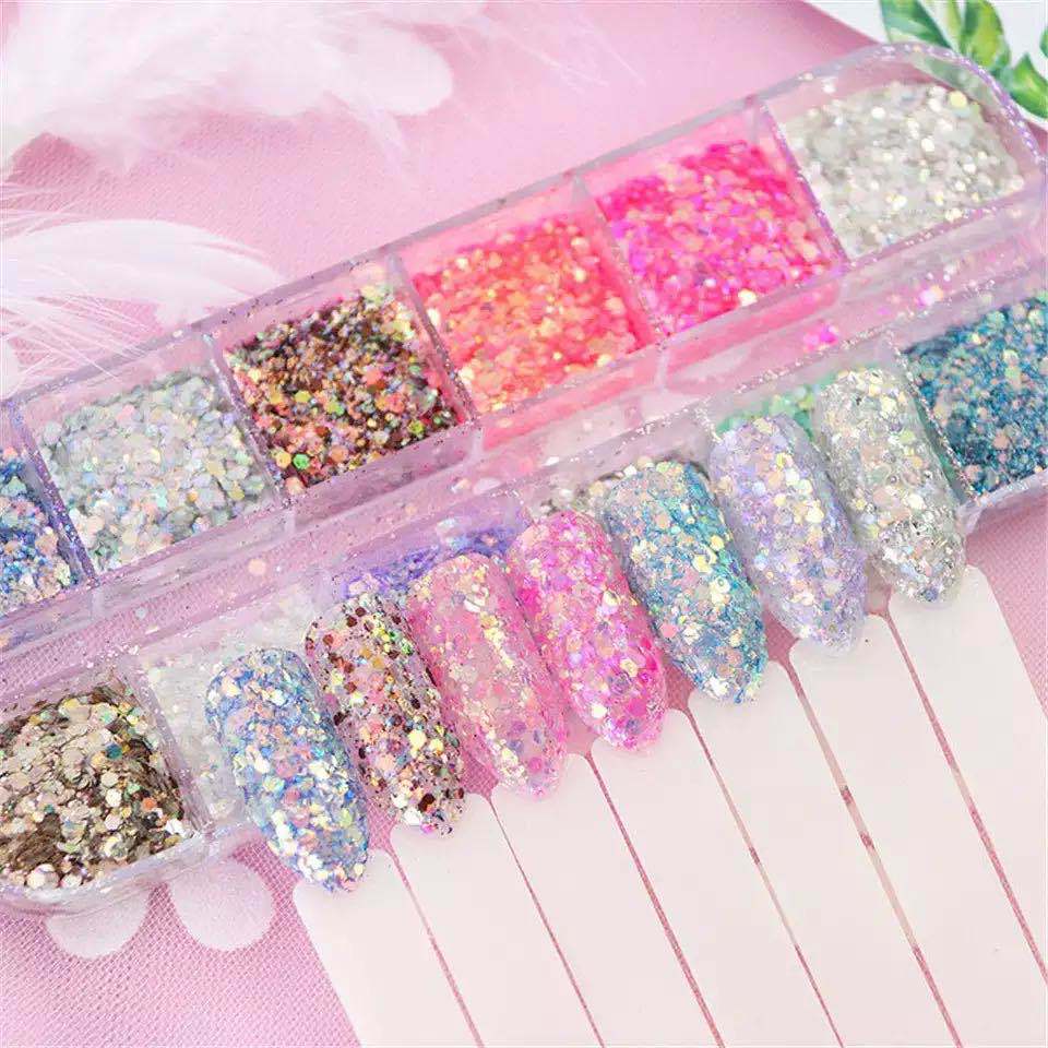 Aksesoris Glitter Nail art Glitter Hexagon Set 12 warna/ Serbuk Glitter Kasar Hiasan Kutek Kuku Nail art