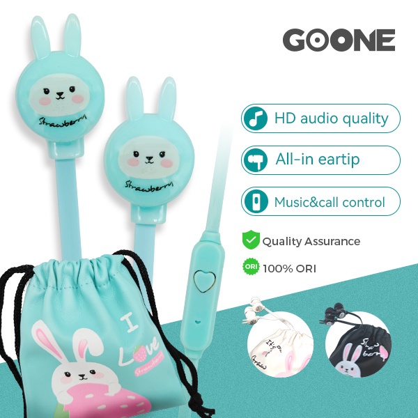 GOONE Earphone Gambar Kelinci Lucu Ear Earbuds Headset Awet Headset Universal iOS Android Warna Pink Biru Hitam