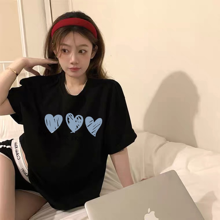 EUNII T-shirt Lengan Pendek Blue Heart Korean Style/Kaos Atasan Wanita/Baju Kaus Oversize Wanita/Kaos Wanita