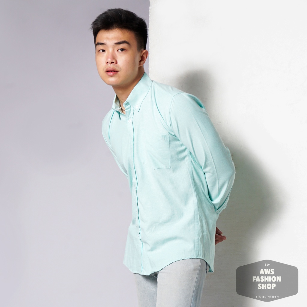 819 Kemeja Pria Lengan Panjang Polos Baby Green Soft Hijau Oxford Basic SIMPLE Slimfit Casual Tersedia Ready Sampai Size JUMBO BIG SIZE XXL XXXL