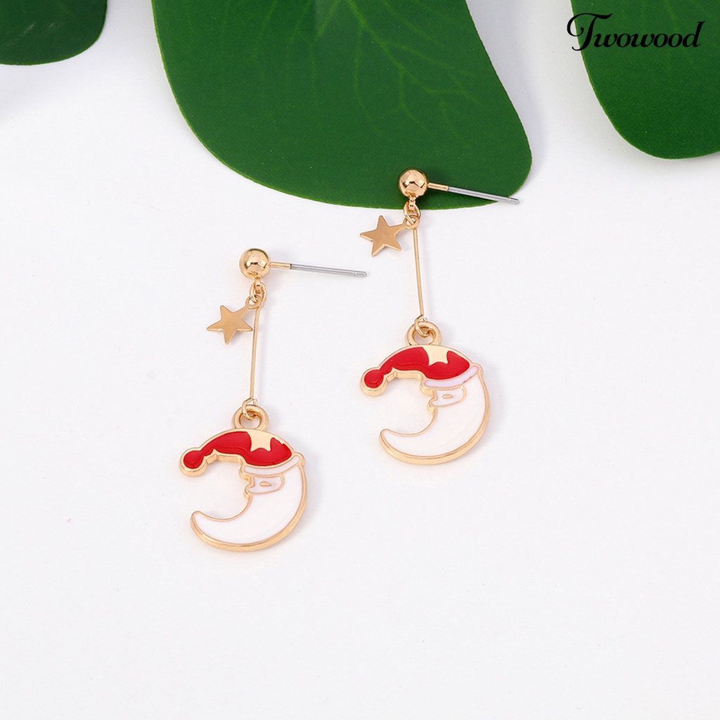 Anting Stud Bentuk Bulan Topi Natal Anti Alergi Untuk Wanita