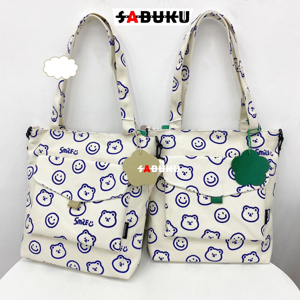 Tas Wanita Tote Bag Resleting Totebag Kuliah Cewek Kekinian Bahan Kanvas Tas Selempang SMILE -271