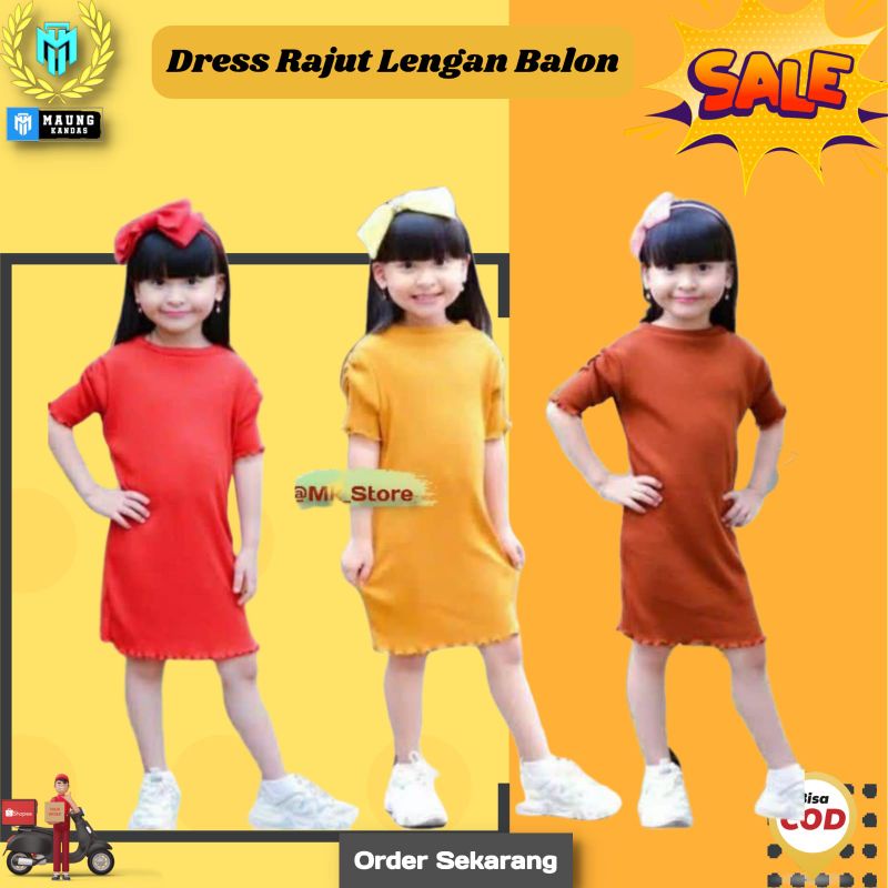 Baju Anak Perempuan 2-4 Tahun Dress Rajut Lengan Balon