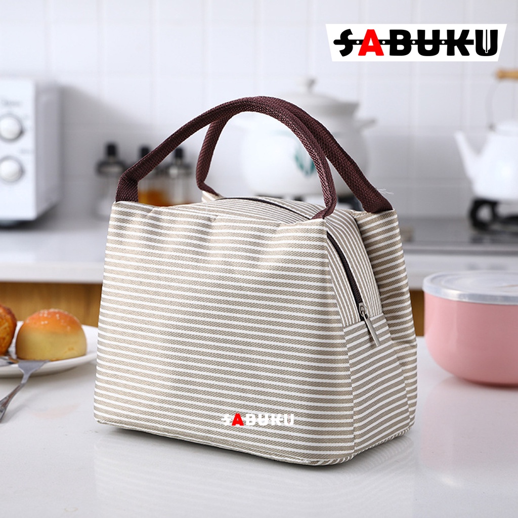 Tas Bekal Makan Model Resleting Cute Lunch Box Makanan Alumunium Kotak Makan Lunch Bag Kotak Stripe - 221