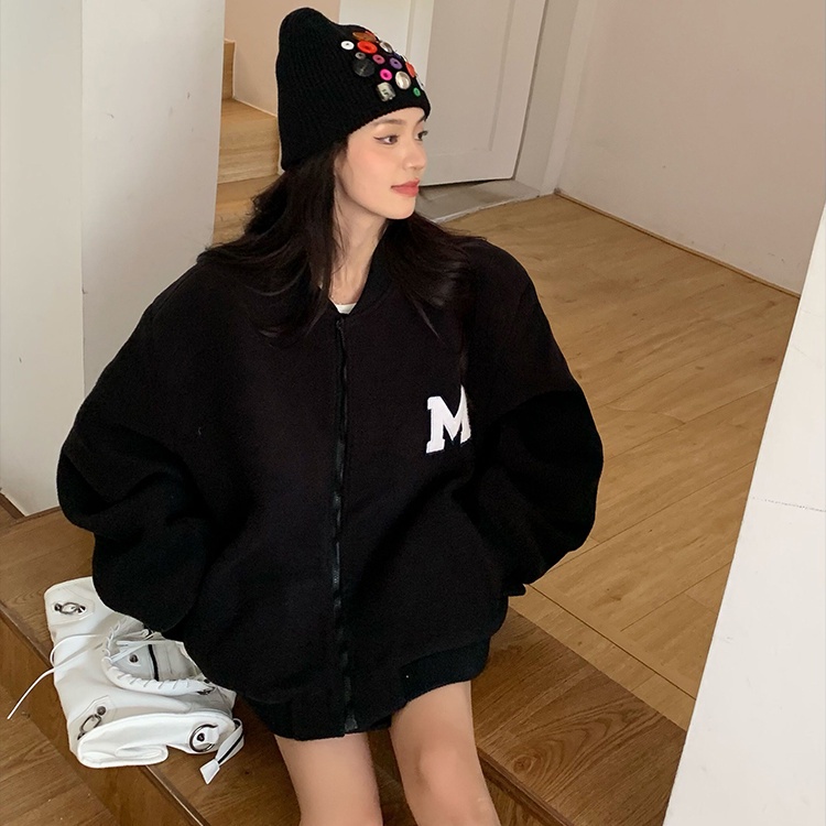 Red American letter bordir bisbol seragam kardigan sweater wanita musim gugur dan musim dingin plus beludru menebal kuliah gaya longgar ceruk atas tren