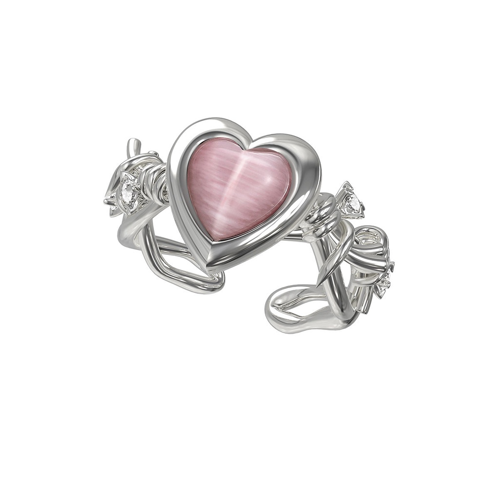 YEEZII Cincin Silver Model Terbuka Adjustable Desain Hati Hias Opal Pink Untuk Wanita