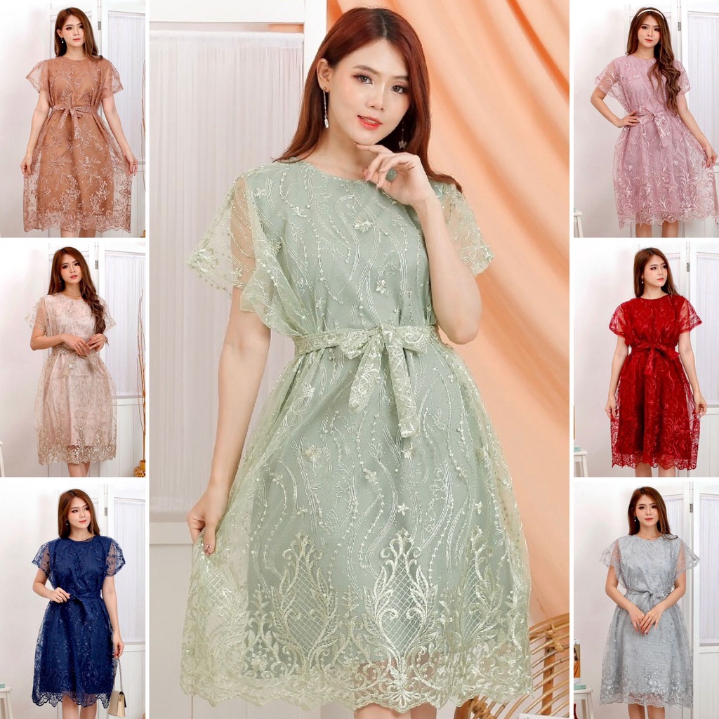 (Jamin Real) Dress Jovita Brukat Bordir Tullle Glitter Mutiara Brokat Tille Brokat Tile Dres IMLEK