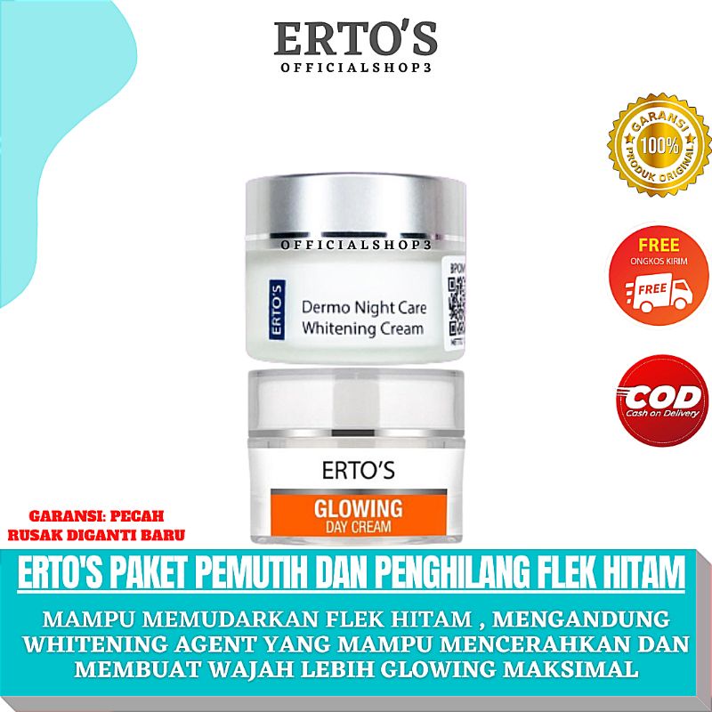 Ertos Paket Cream Pemutih Krim Whitening Glowing Flek Hitam di Wajah 2in1 ( Dermo Night Cream & Glow