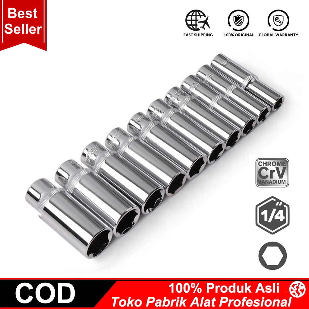 11 Buah 1/4 Inch Drive Socket Set CRV Peralatan Tangan 6 Titik Panjang Soket Hex Alat Perbaikan