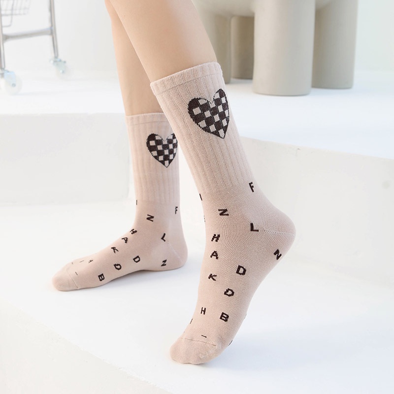 [COD] Kaos Kaki Panjang Diatas Mata Kaki Mid Sock Setinggi Betis Import Motif Love Warna Eart Tone Cute Kaos Kaki Fashion Wanita Korea