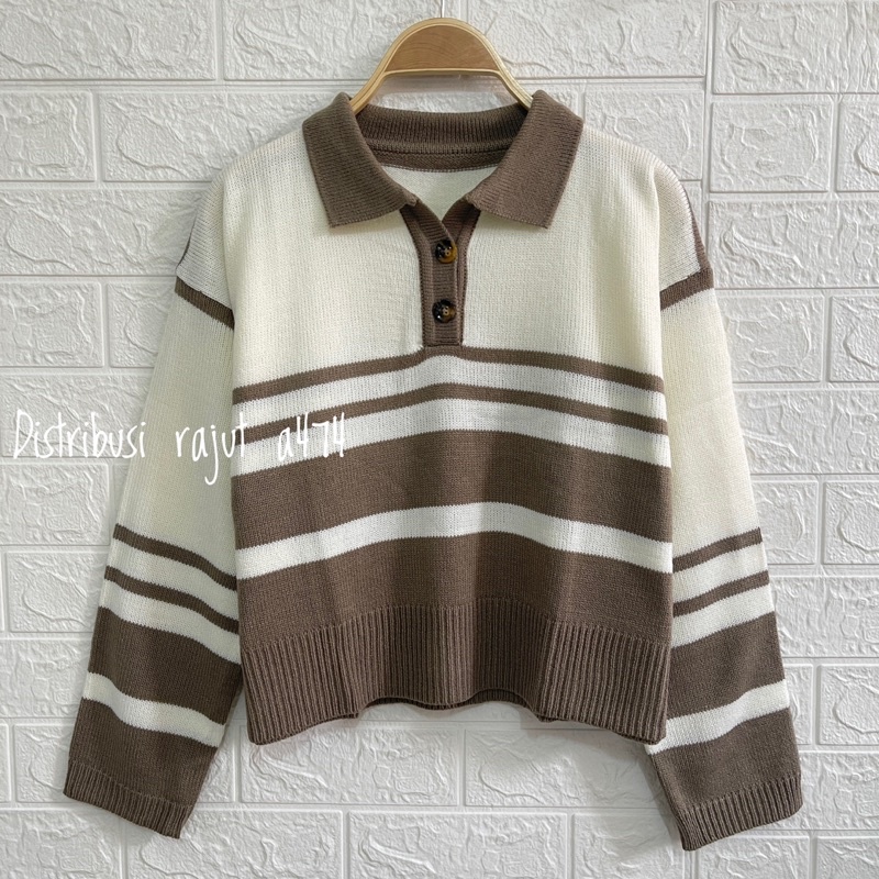 PEPONI Sweater Rajut Oversize Kerah Polo Kancing Stripe Premium Korean