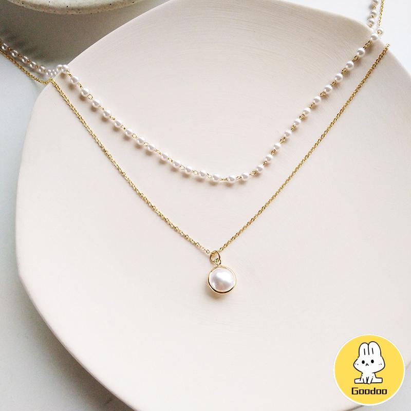 Kalung Korea Fashion Retro Mutiara Logam Gaya Kunci Kalung Multilayer Liontin Wanita Rantai Emas Kalung -Doo