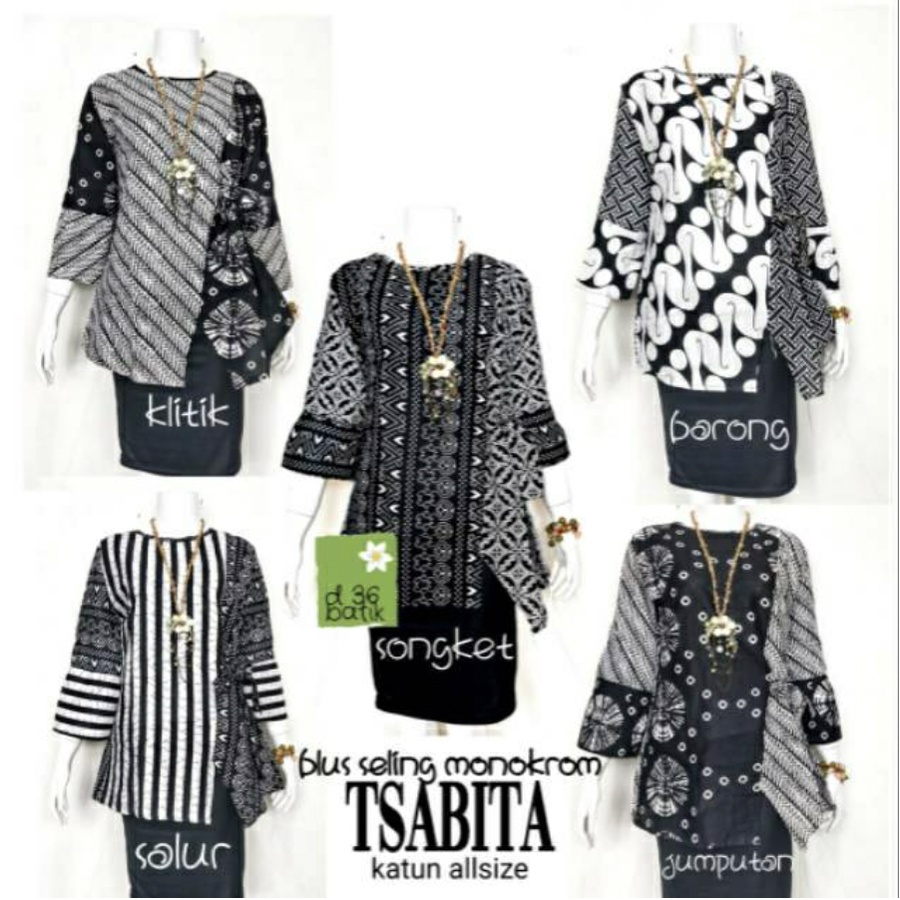 Blus Tsabita Batik Monokrom Blus Ziggy Tali Kekinian Asimetris Kombinasi Casual Atasan Kerja Heyna Kondangan Lengan Panjang Mono Hitam Putih