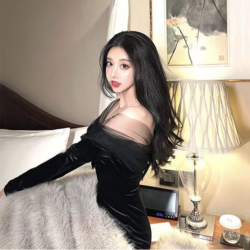 Suhao hot girl one-shoulder velvet black dress wanita tahun baru goreng jalan pertempuran gaun pinggang susu manis lembut keinginan murni rok angin