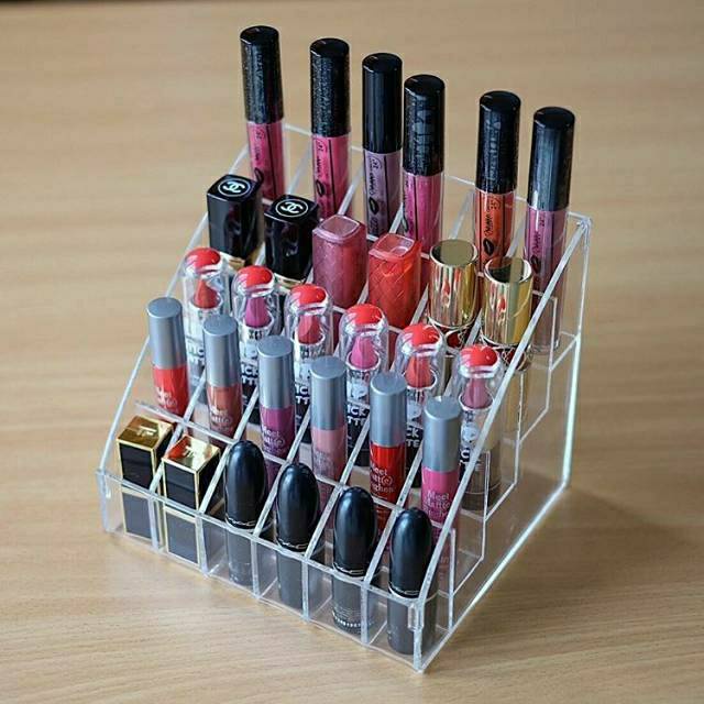 Tempat Lipstik Akrilik Organizer Lipstic Holder 24 Grid Holder Rak Lipstik Kuas Multifungsi