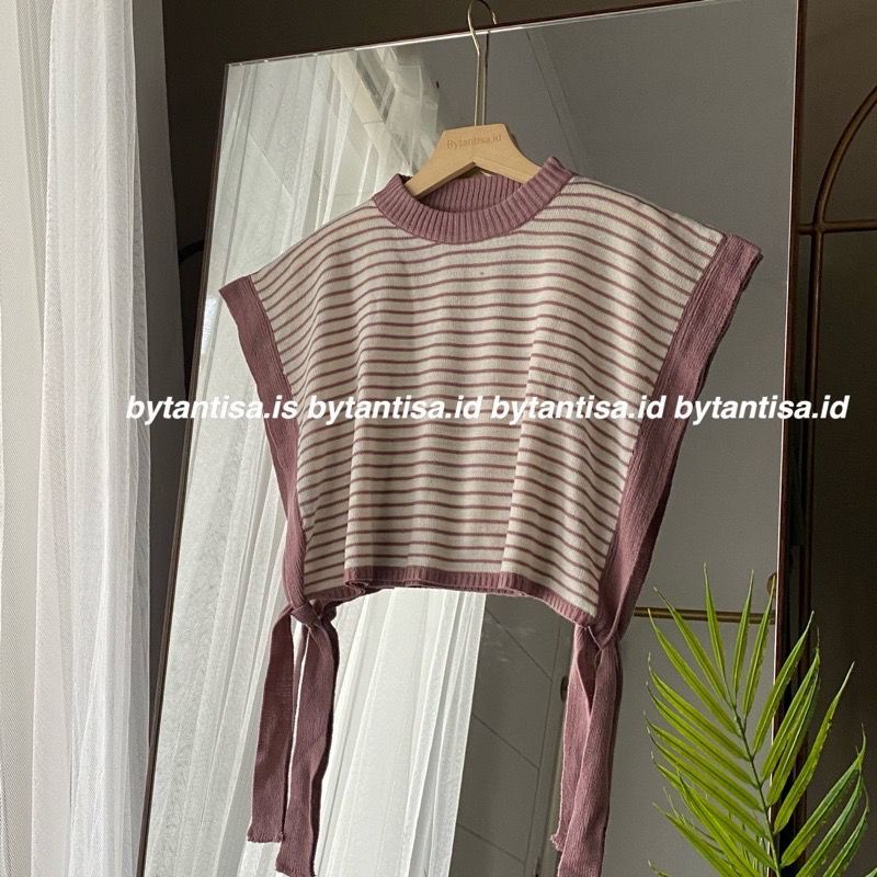 VEST RAJUT CROP STRIPE TALI SAMPING