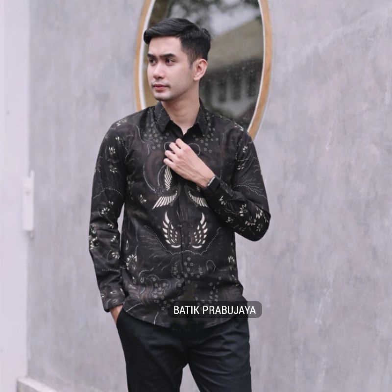 SAWONGGALING Kemeja Batik Pria Modern Premium Lengan Panjang Terbaru - Baju Hem Batik Pria Hitam Tangan Panjang Cowok Kondangan Pesta Kerja