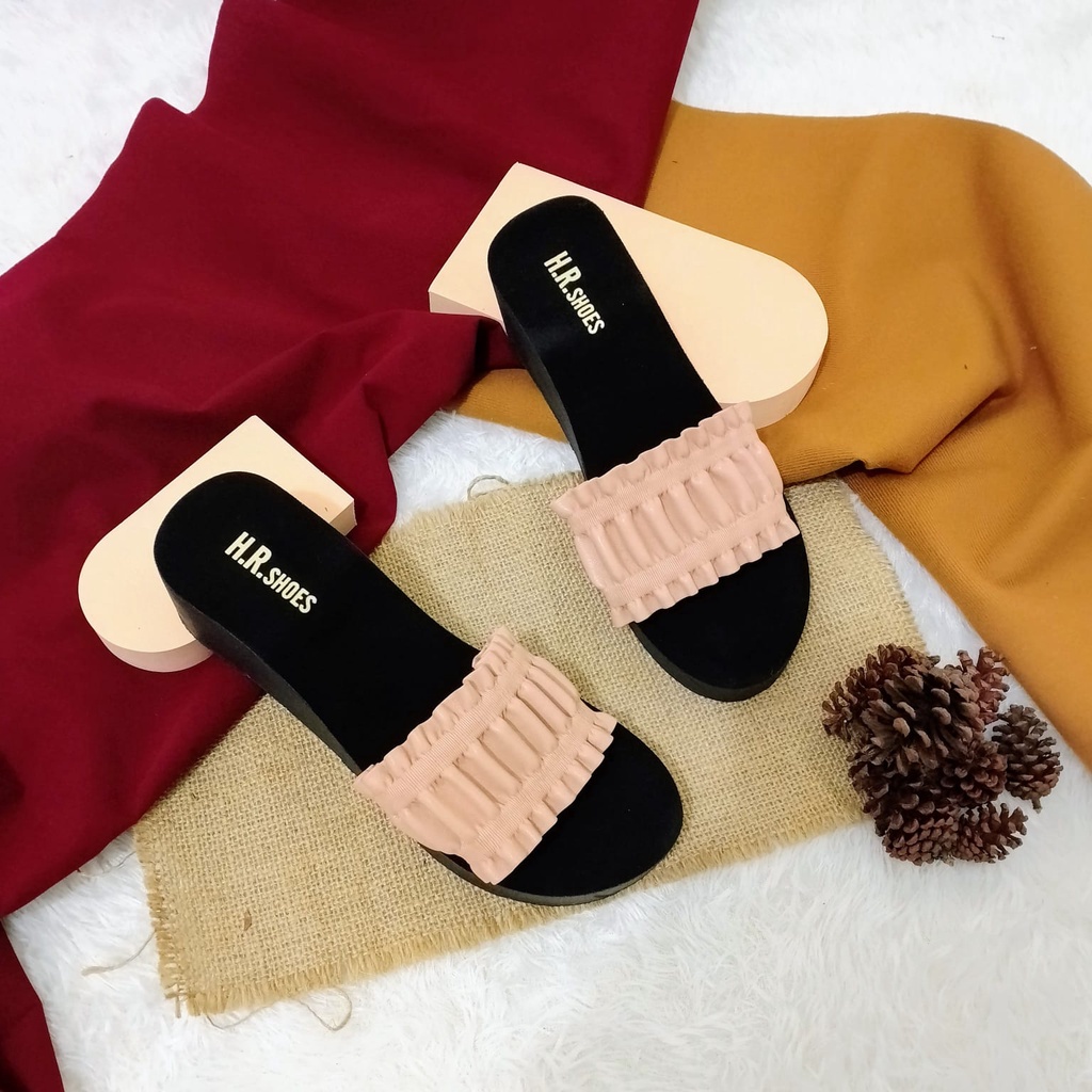 Sendal Selop Sepon Wedges Wanita Kokop Kerut Sandal Wanita Simpel - REGY