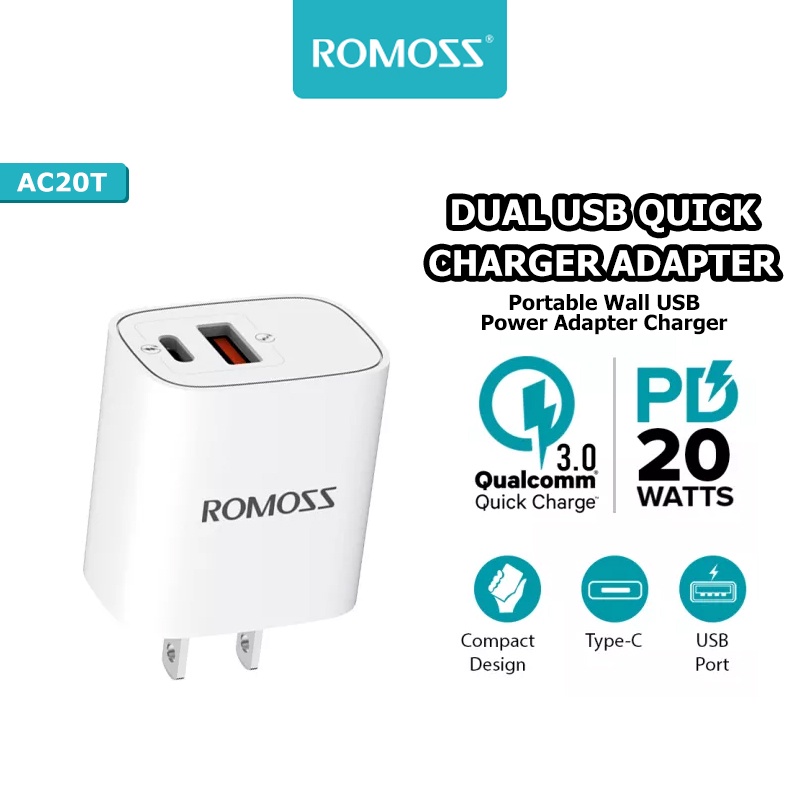 Romoss AC20T Charger PD20W 2 Port Quick Charge 3.0 TypeC/USB Adapter