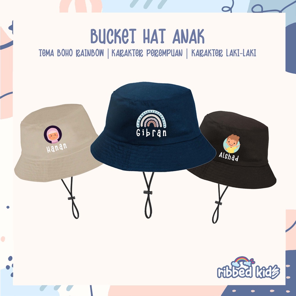 GRATIS SABLON NAMA | Topi Anak Bucket Hat Pake Tali | Usia 2-8Th By RIBBEDKIDS