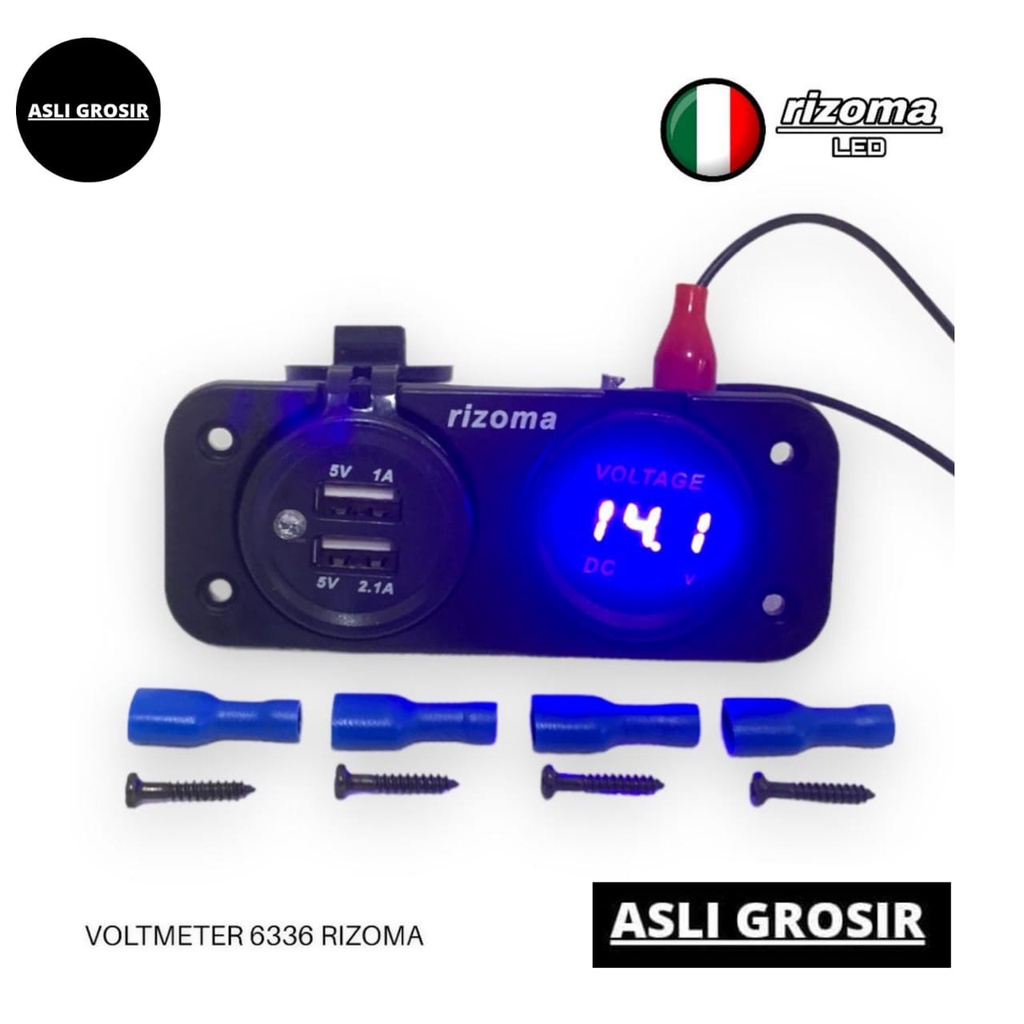 Voltmeter tanam Charger Hp Double USB Rizoma LED Merah Biru Universal