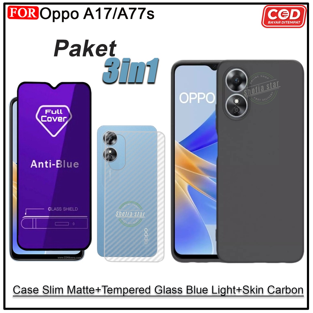 PAKET 3IN1 Case Oppo A17 A77s  A77 4G/5G  Softcase Slim Premium Black Protect Casing