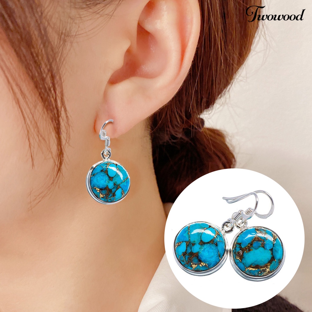 1 Pasang Anting Kait Gantung Desain Geometri Hias Turquoise Imitasi Hypoallergenic Gaya Retro Untuk Wanita