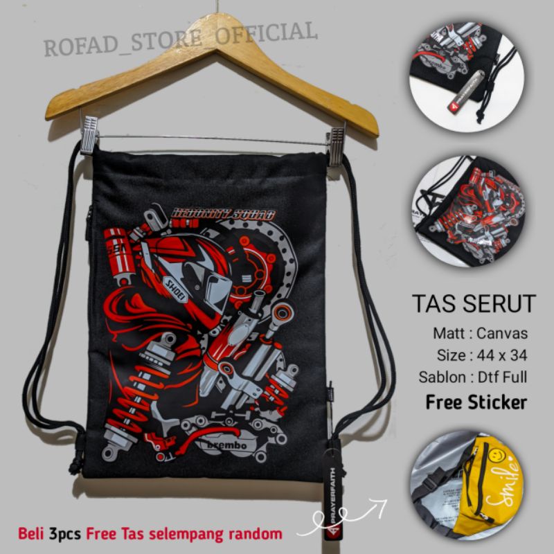 ROFAD STORE Tas serut Pria/wanita - Drawstring Bag Olah raga - Tas serut sekolah warna hitam metal - tas serut bahan canvas premium