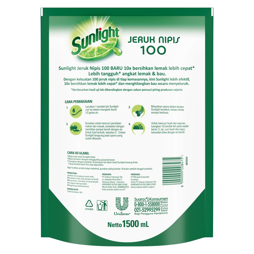 SUNLIGHT SABUN CUCI PIRING JERUK NIPIS REFILL 1500 ML TWINPACK GRATIS ONGKIR TERMURAH