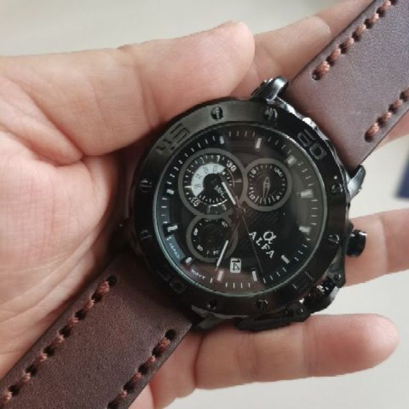 Alfa Cronograp 33019 Jam Tangan Kasual pria Murah Tali Kulit Anti Air Quartz Original